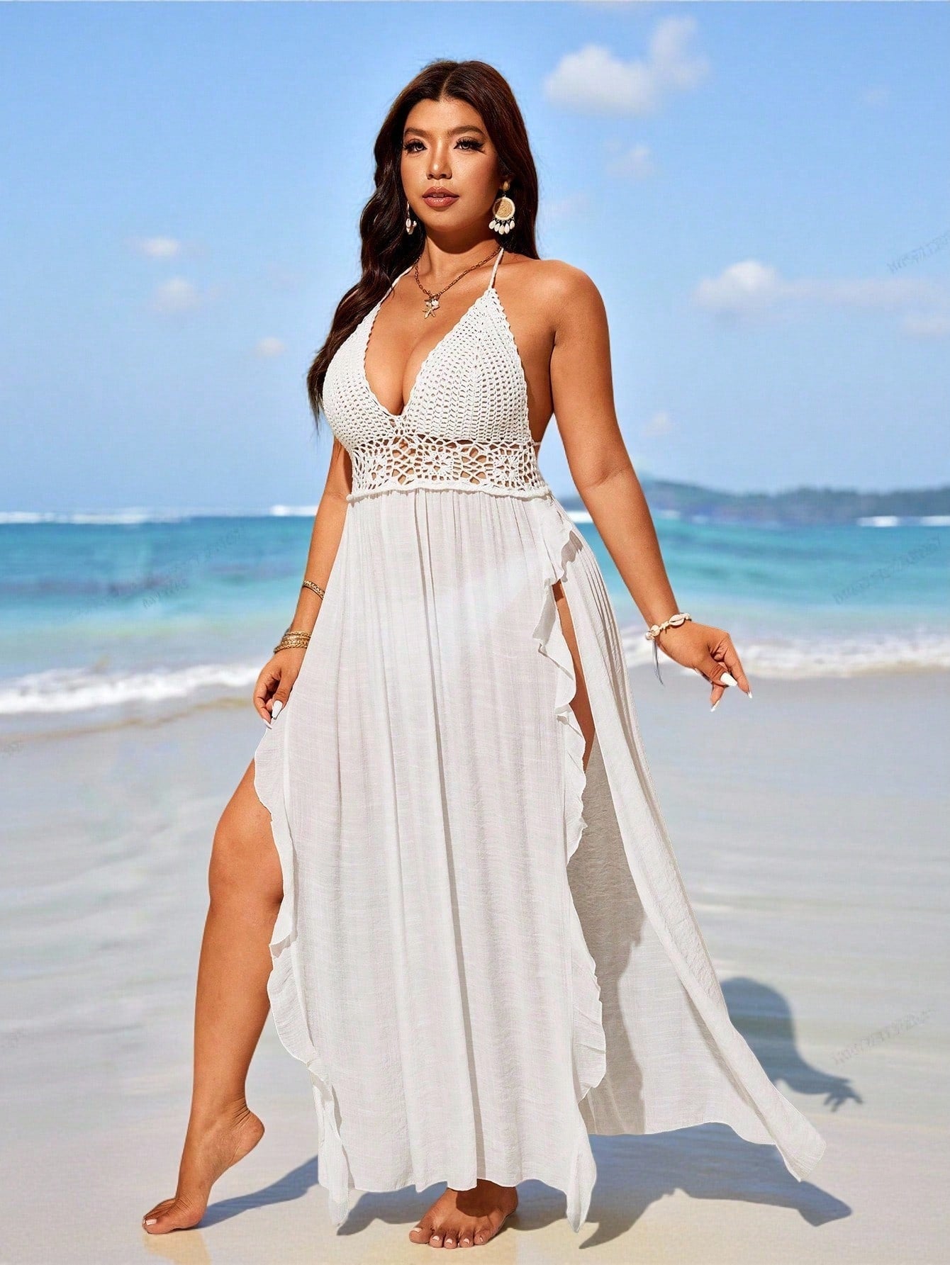 Swim Vcay 2026 Plus Size Crochet Knit Beach Cover-Up Maxi Dress, Vacation Style