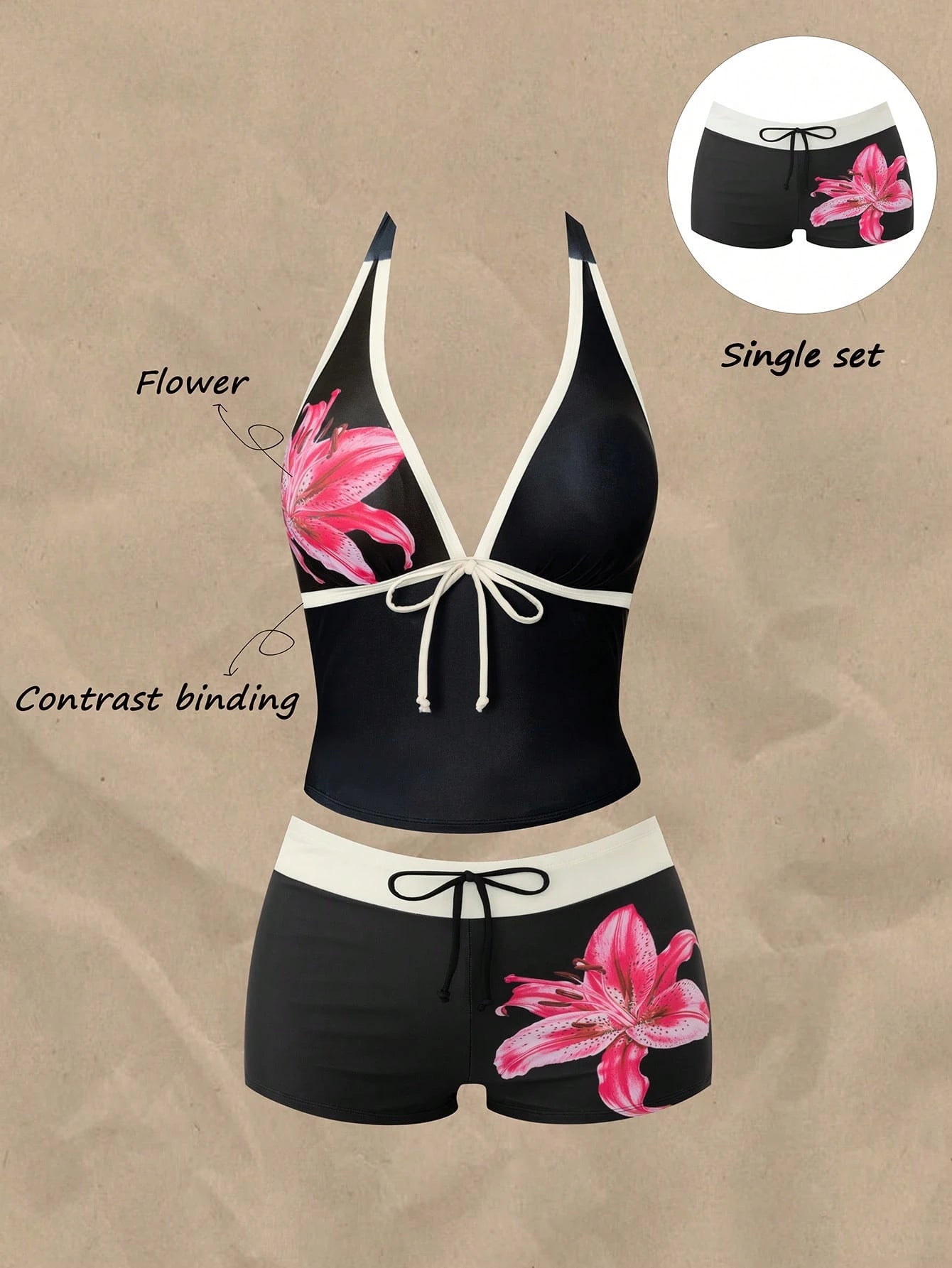 Swim Vcay 2026 Spring/Summer New Plus Size One-Piece Black Deep V-Neck Strap Digital Print Design Women's Bikini Swimsuit Bottom Casual Suitable For Beach Vacation Wear