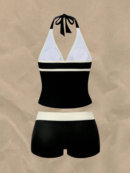 Swim Vcay 2026 Spring/Summer New Plus Size One-Piece Black Deep V-Neck Strap Digital Print Design Women's Bikini Swimsuit Bottom Casual Suitable For Beach Vacation Wear