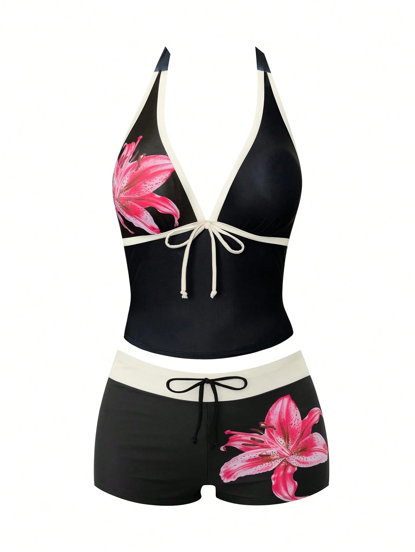 Swim Vcay 2026 Spring/Summer New Plus Size One-Piece Black Deep V-Neck Strap Digital Print Design Women's Bikini Swimsuit Bottom Casual Suitable For Beach Vacation Wear