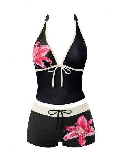 Swim Vcay 2026 Spring/Summer New Plus Size One-Piece Black Deep V-Neck Strap Digital Print Design Women's Bikini Swimsuit Bottom Casual Suitable For Beach Vacation Wear