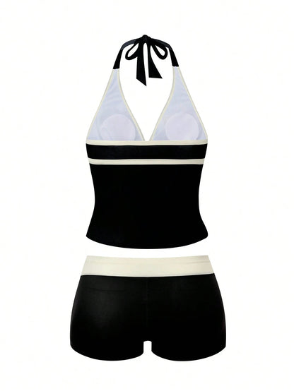 Swim Vcay 2026 Spring/Summer New Plus Size One-Piece Black Deep V-Neck Strap Digital Print Design Women's Bikini Swimsuit Bottom Casual Suitable For Beach Vacation Wear