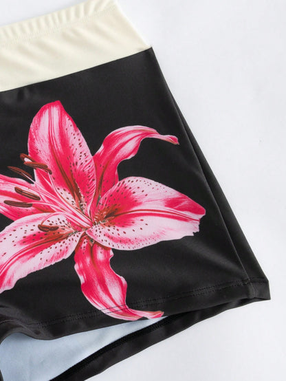 Swim Vcay 2026 Spring/Summer New Plus Size One-Piece Black Deep V-Neck Strap Digital Print Design Women's Bikini Swimsuit Bottom Casual Suitable For Beach Vacation Wear