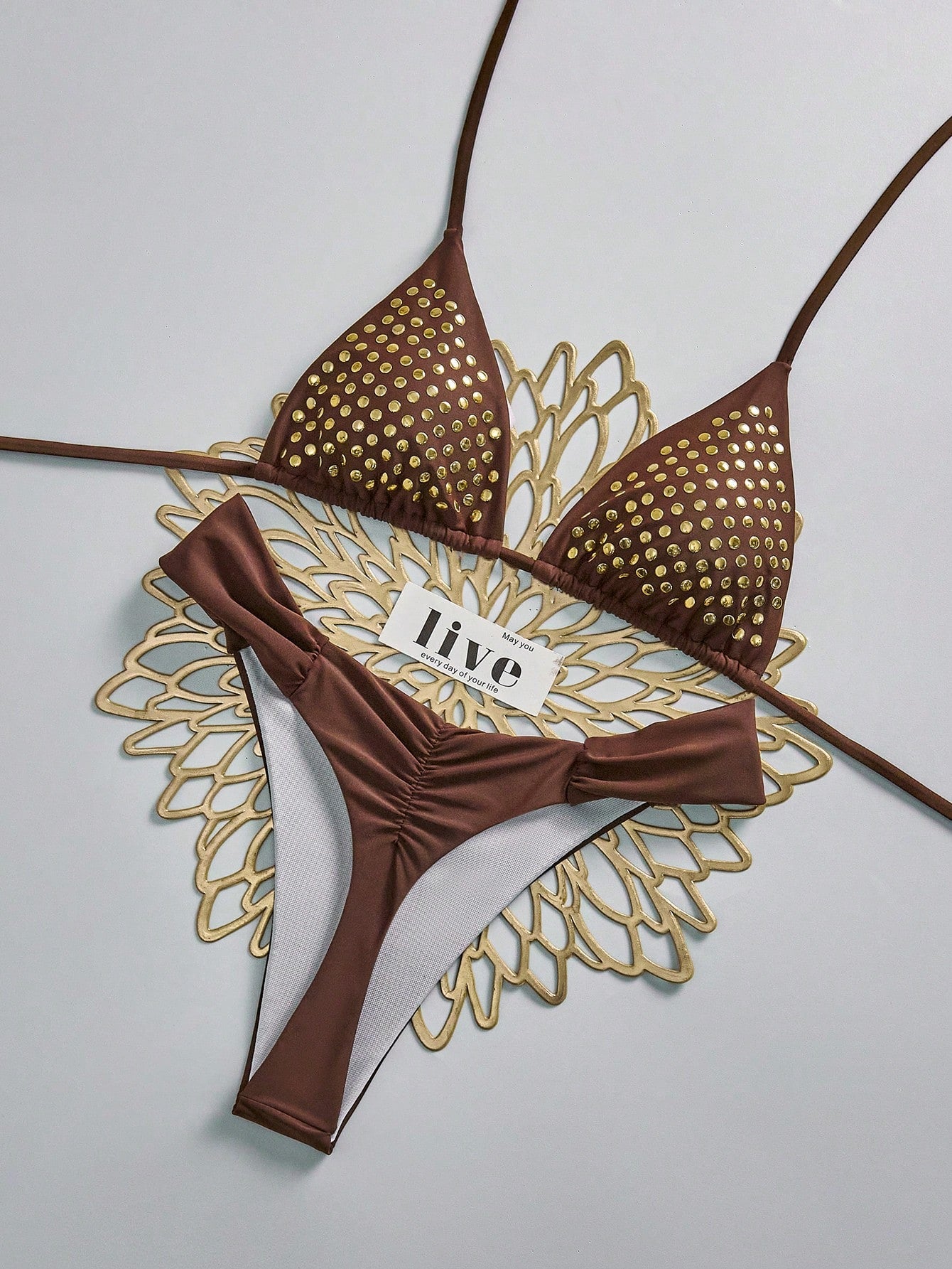 Swim Vcay 2026 Women's Vacation Season 2-Piece Bikini Beachwear, Sexy Mature Fashion Vintage Romantic Elegant Style, Thin Straps, Rhinestone Embellished, Brown Nylon, Thong With Ruched Design, Spring