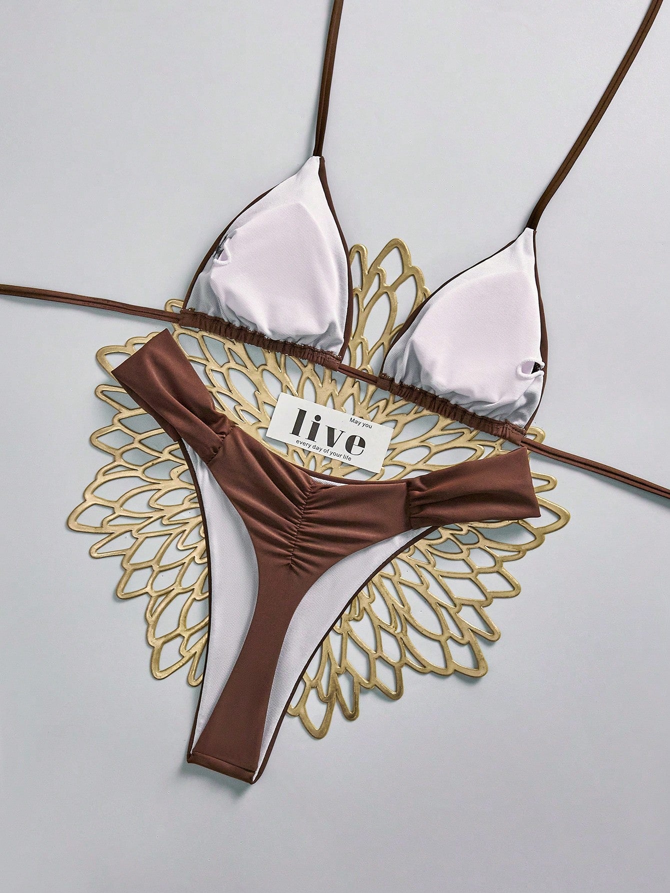 Swim Vcay 2026 Women's Vacation Season 2-Piece Bikini Beachwear, Sexy Mature Fashion Vintage Romantic Elegant Style, Thin Straps, Rhinestone Embellished, Brown Nylon, Thong With Ruched Design, Spring