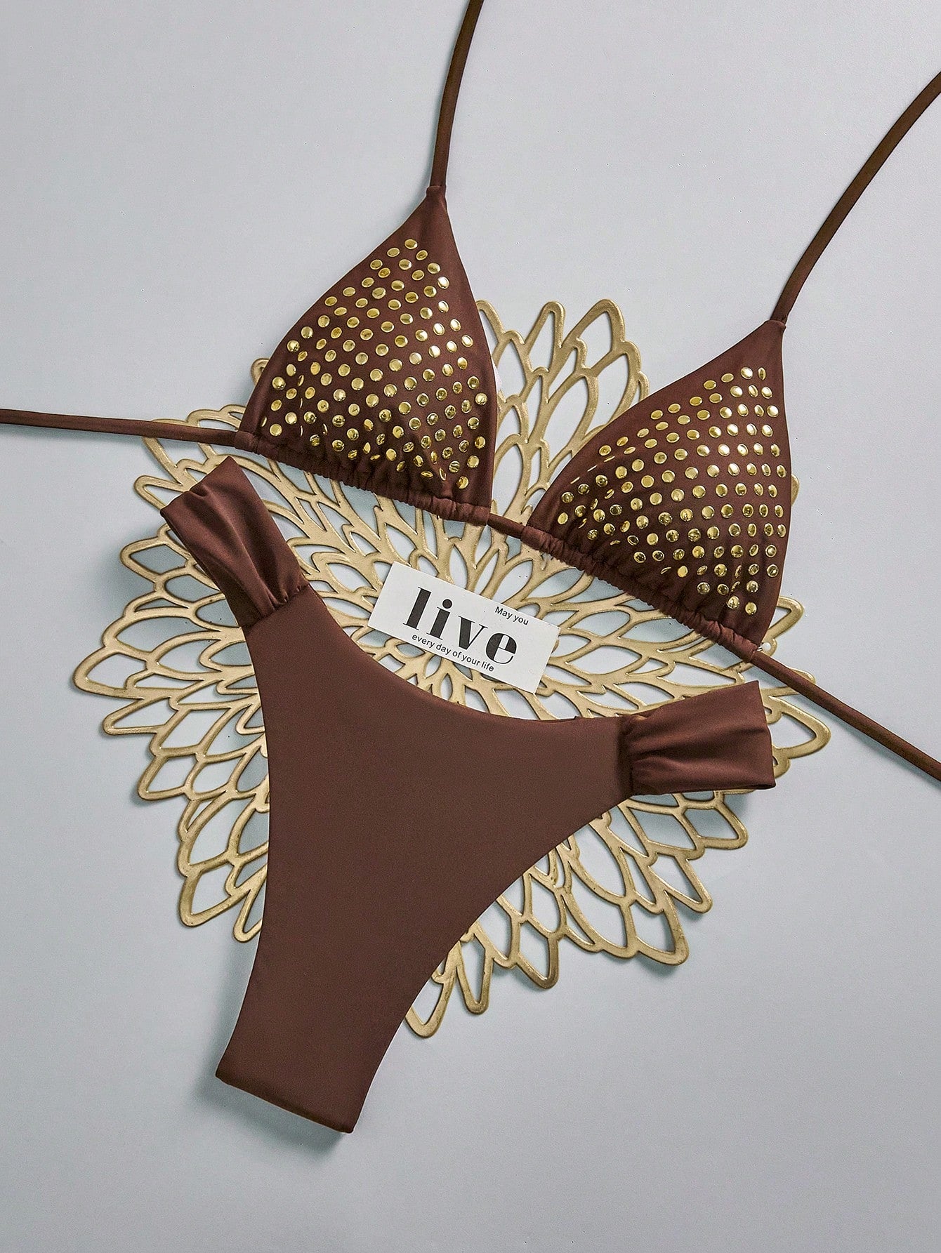 Swim Vcay 2026 Women's Vacation Season 2-Piece Bikini Beachwear, Sexy Mature Fashion Vintage Romantic Elegant Style, Thin Straps, Rhinestone Embellished, Brown Nylon, Thong With Ruched Design, Spring