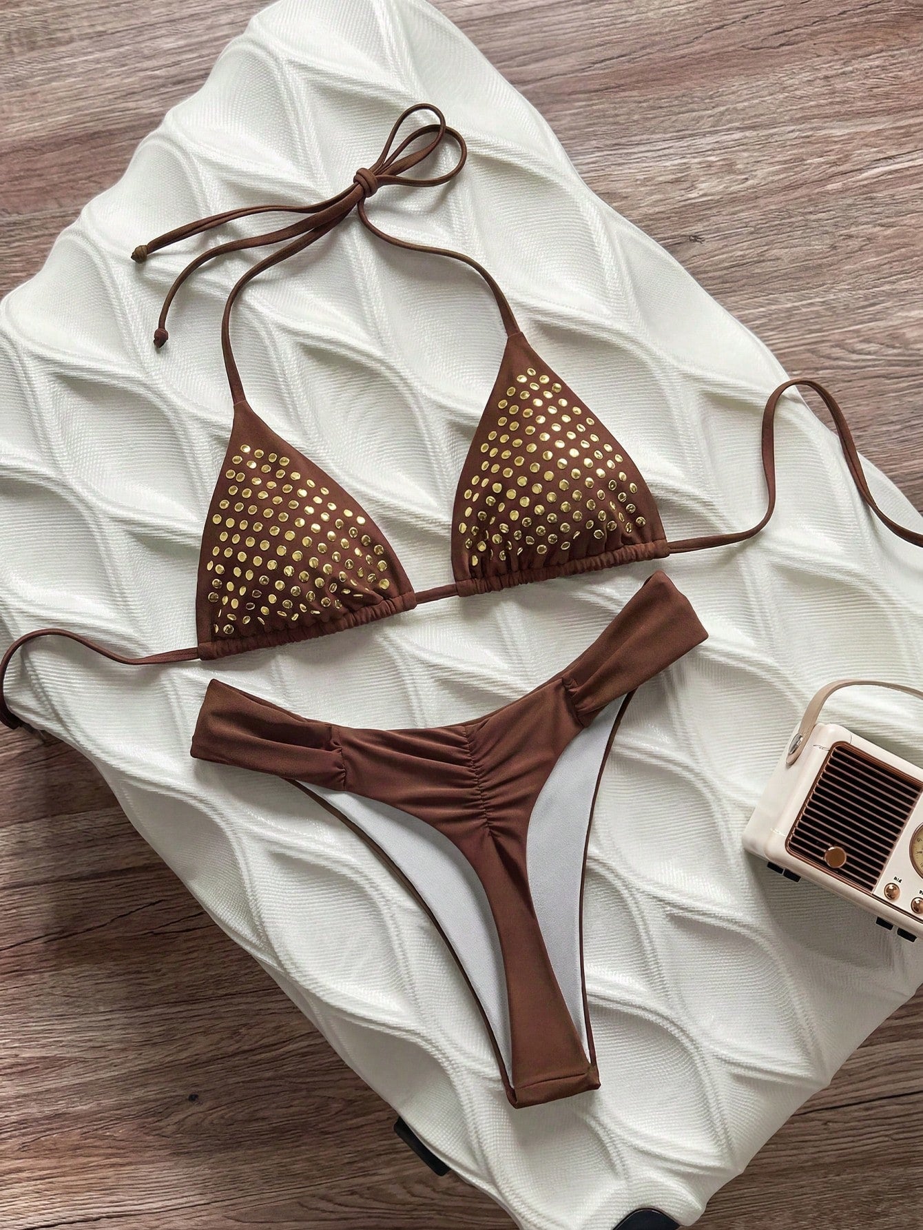 Swim Vcay 2026 Women's Vacation Season 2-Piece Bikini Beachwear, Sexy Mature Fashion Vintage Romantic Elegant Style, Thin Straps, Rhinestone Embellished, Brown Nylon, Thong With Ruched Design, Spring