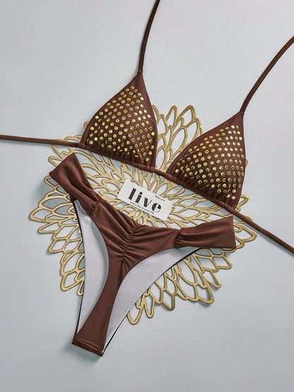 Swim Vcay 2026 Women's Vacation Season 2-Piece Bikini Beachwear, Sexy Mature Fashion Vintage Romantic Elegant Style, Thin Straps, Rhinestone Embellished, Brown Nylon, Thong With Ruched Design, Spring