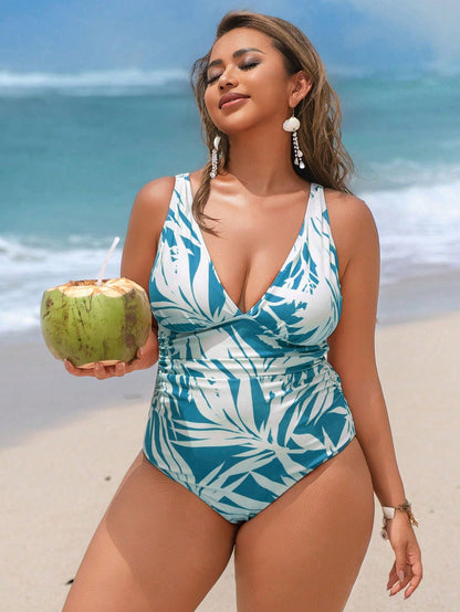 Swim Vcay Plus Size 1pc Plant Leaf Random Print V-Neck Ruched Adjustable Strap Elegant Sexy Beach Vacation Women One-Piece Swimsuit
