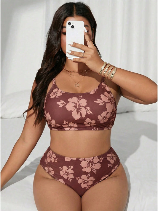 Swim Vcay Plus Size 2pcs Floral Print Crew Neck Top And High Waist Bottoms Swimwear Set, Suitable For Summer Beach And Vacation