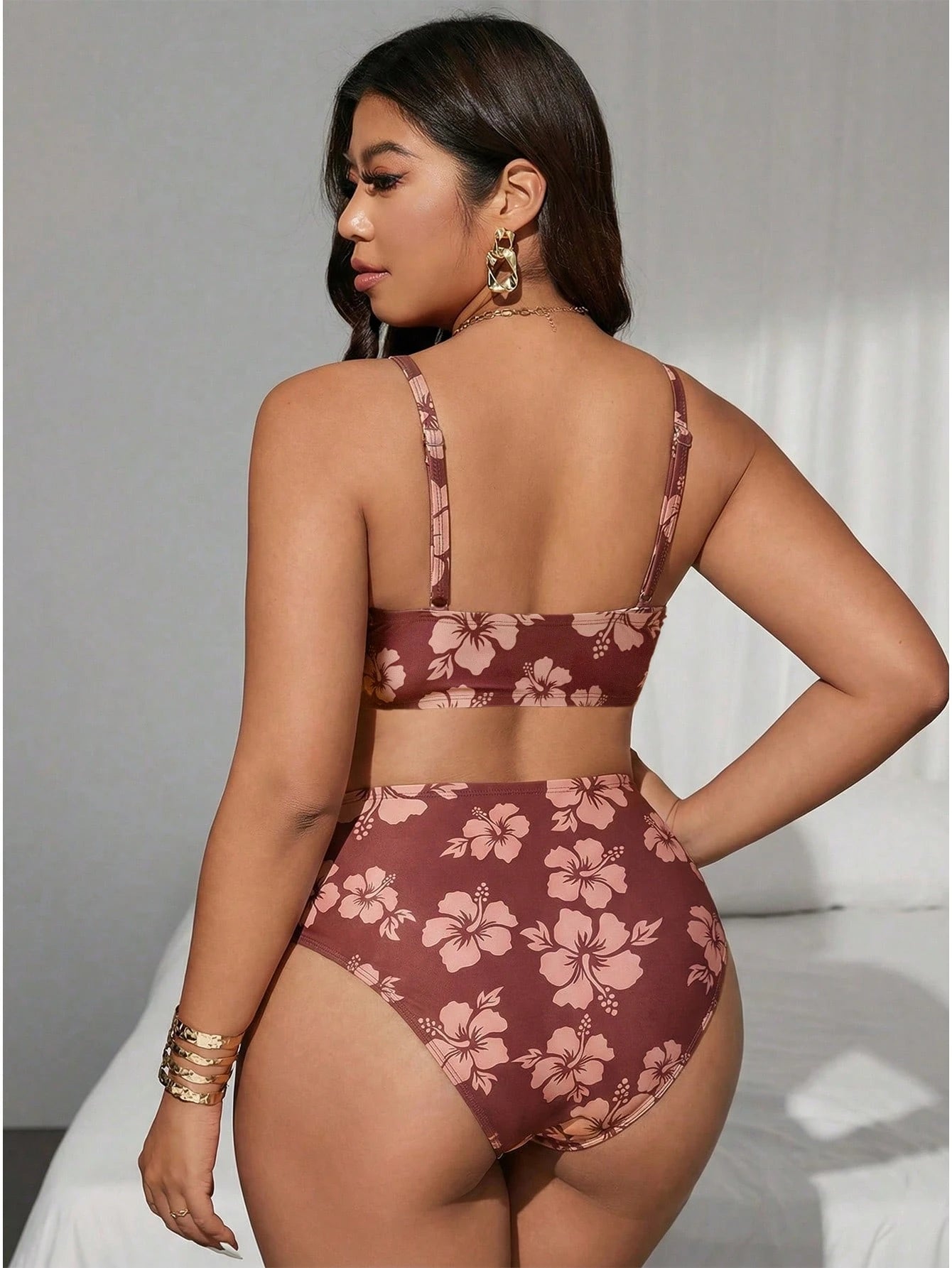 Swim Vcay Plus Size 2pcs Floral Print Crew Neck Top And High Waist Bottoms Swimwear Set, Suitable For Summer Beach And Vacation