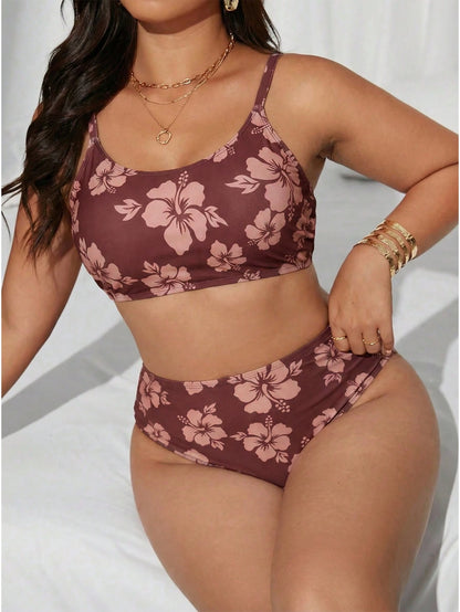 Swim Vcay Plus Size 2pcs Floral Print Crew Neck Top And High Waist Bottoms Swimwear Set, Suitable For Summer Beach And Vacation