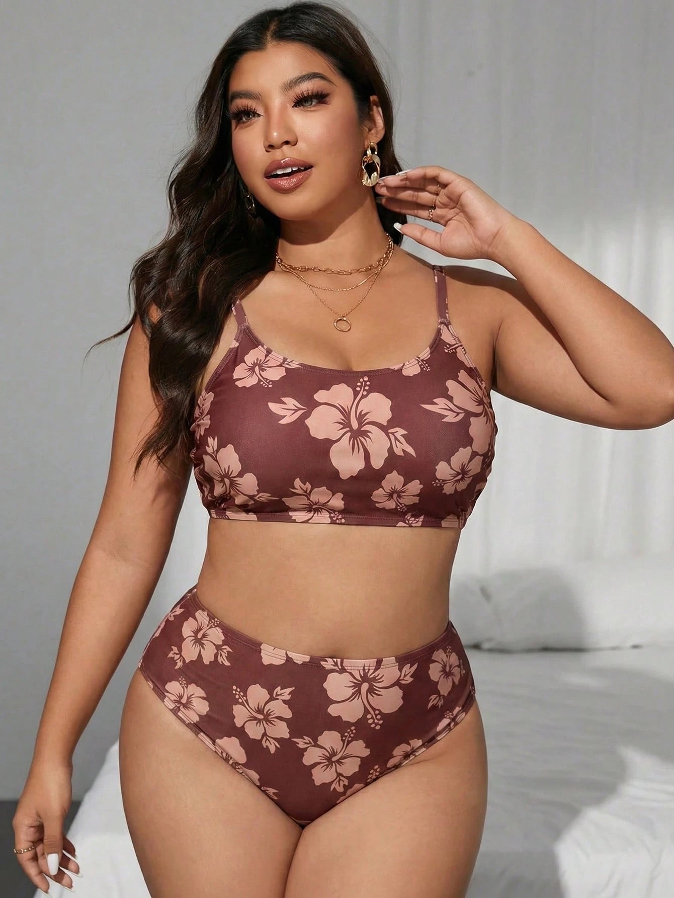 Swim Vcay Plus Size 2pcs Floral Print Crew Neck Top And High Waist Bottoms Swimwear Set, Suitable For Summer Beach And Vacation