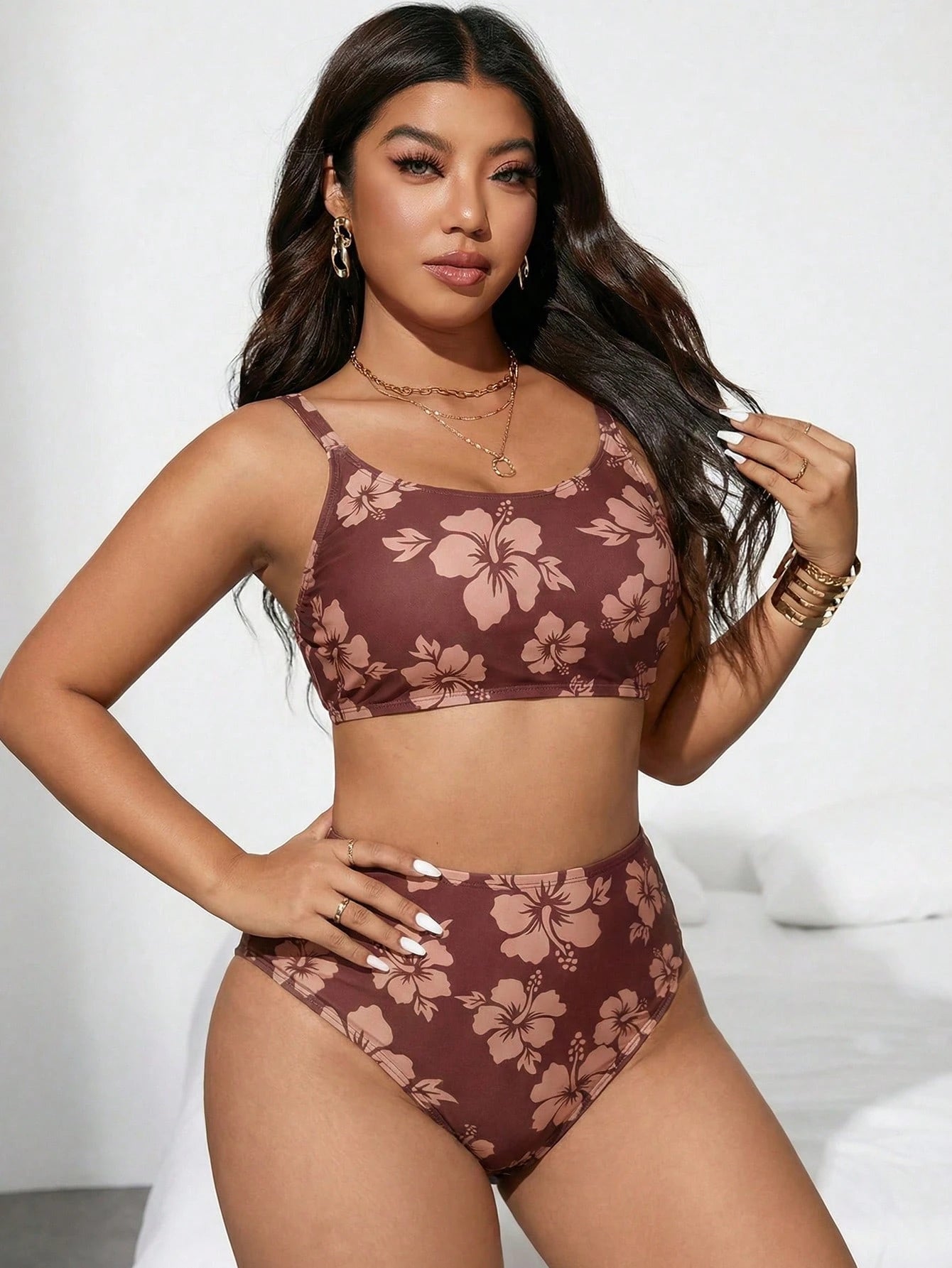 Swim Vcay Plus Size 2pcs Floral Print Crew Neck Top And High Waist Bottoms Swimwear Set, Suitable For Summer Beach And Vacation
