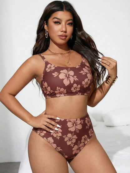 Swim Vcay Plus Size 2pcs Floral Print Crew Neck Top And High Waist Bottoms Swimwear Set, Suitable For Summer Beach And Vacation