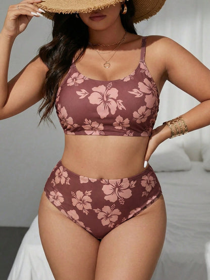 Swim Vcay Plus Size 2pcs Floral Print Crew Neck Top And High Waist Bottoms Swimwear Set, Suitable For Summer Beach And Vacation
