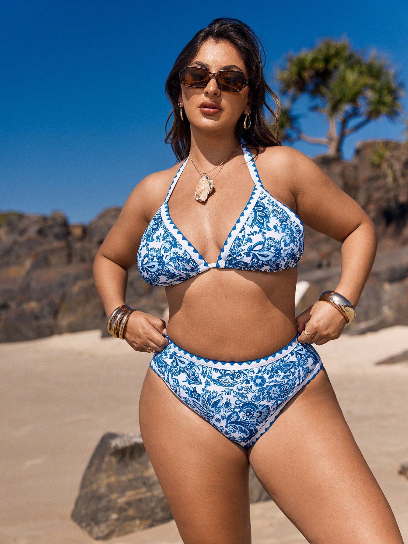 Swim Vcay Plus Size Halter Neck Tied Back Allover Print Bikini Top And Bottom Swimwear Set Summer