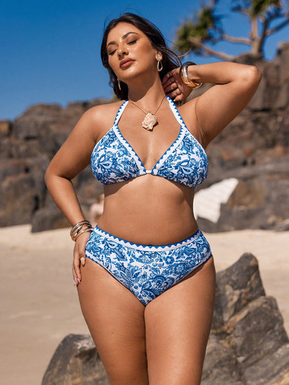 Swim Vcay Plus Size Halter Neck Tied Back Allover Print Bikini Top And Bottom Swimwear Set Summer