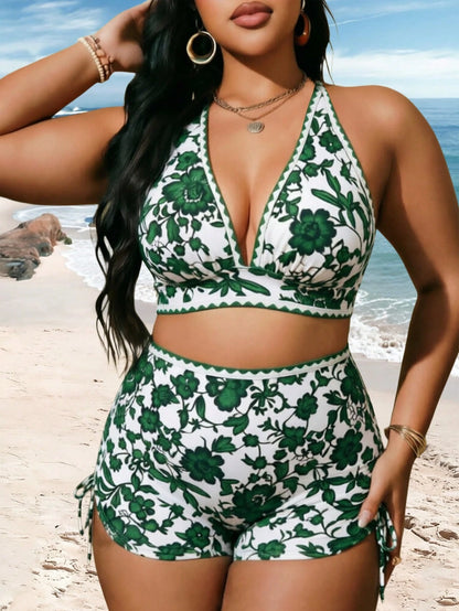 Swim Vcay Plus Size Printed Swimwear Set, European And American Resort Style Boho Swimwear Holiday Beach Green And White Summer