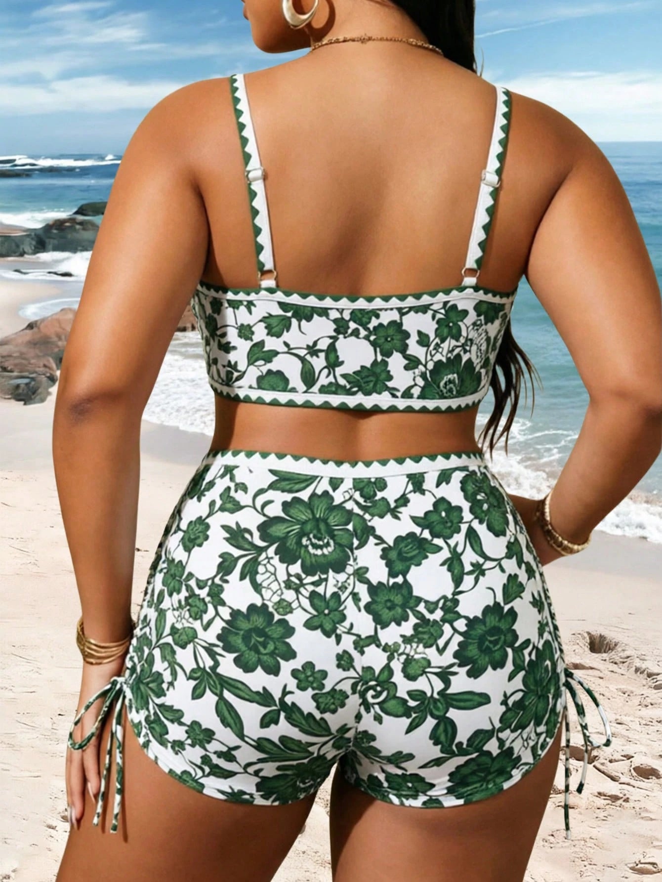 Swim Vcay Plus Size Printed Swimwear Set, European And American Resort Style Boho Swimwear Holiday Beach Green And White Summer
