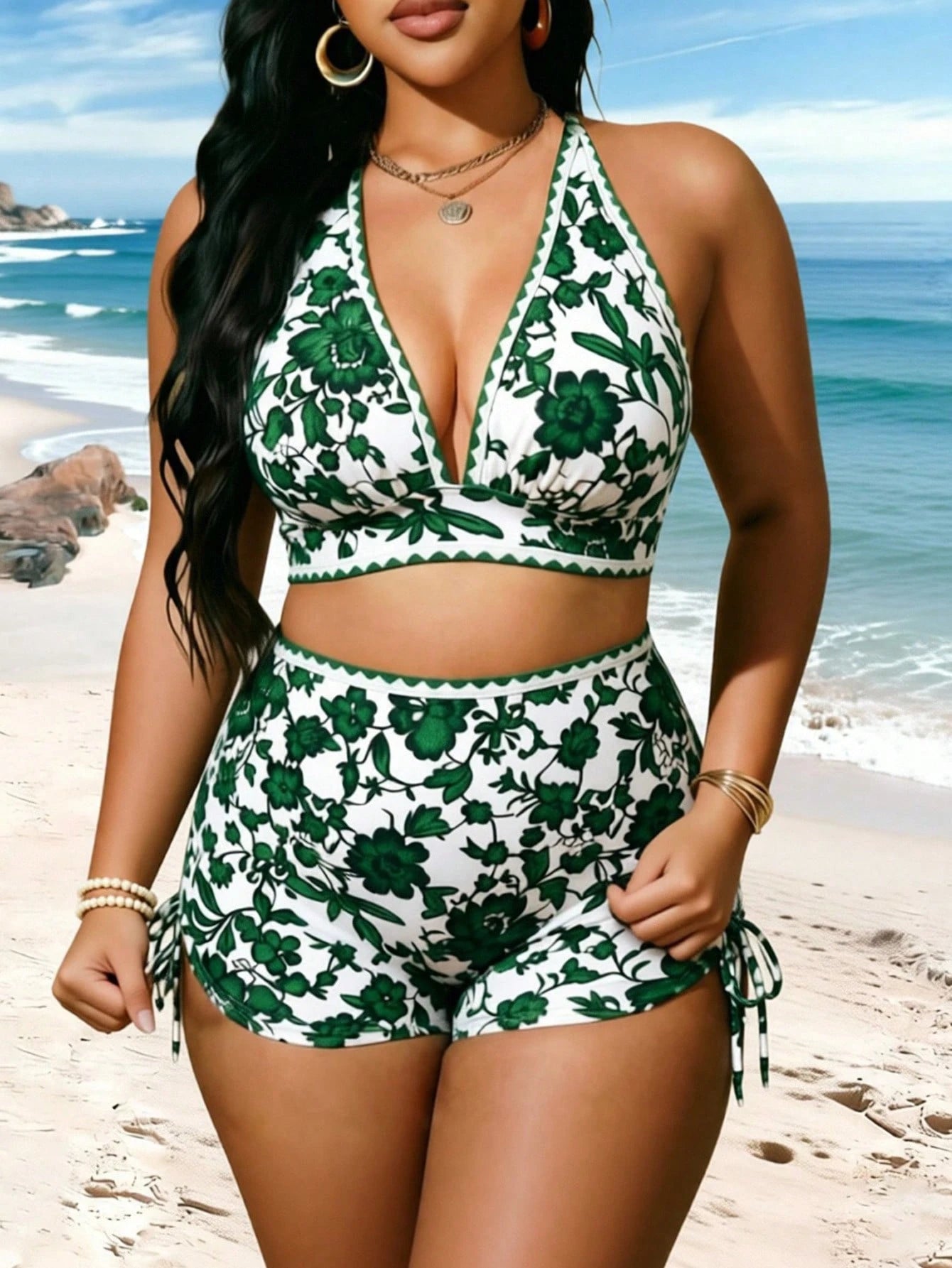 Swim Vcay Plus Size Printed Swimwear Set, European And American Resort Style Boho Swimwear Holiday Beach Green And White Summer