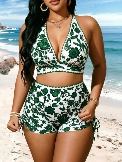 Swim Vcay Plus Size Printed Swimwear Set, European And American Resort Style Boho Swimwear Holiday Beach Green And White Summer