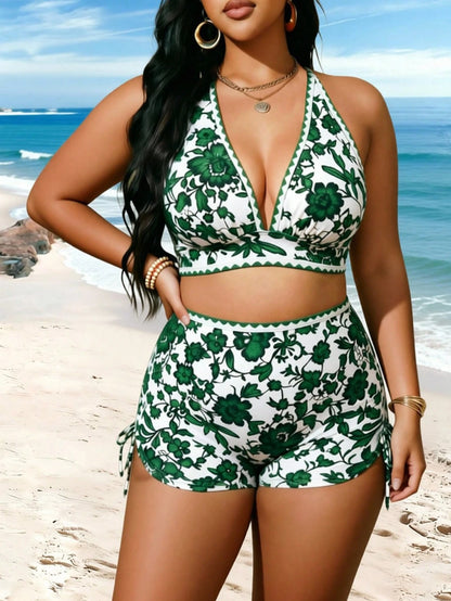 Swim Vcay Plus Size Printed Swimwear Set, European And American Resort Style Boho Swimwear Holiday Beach Green And White Summer