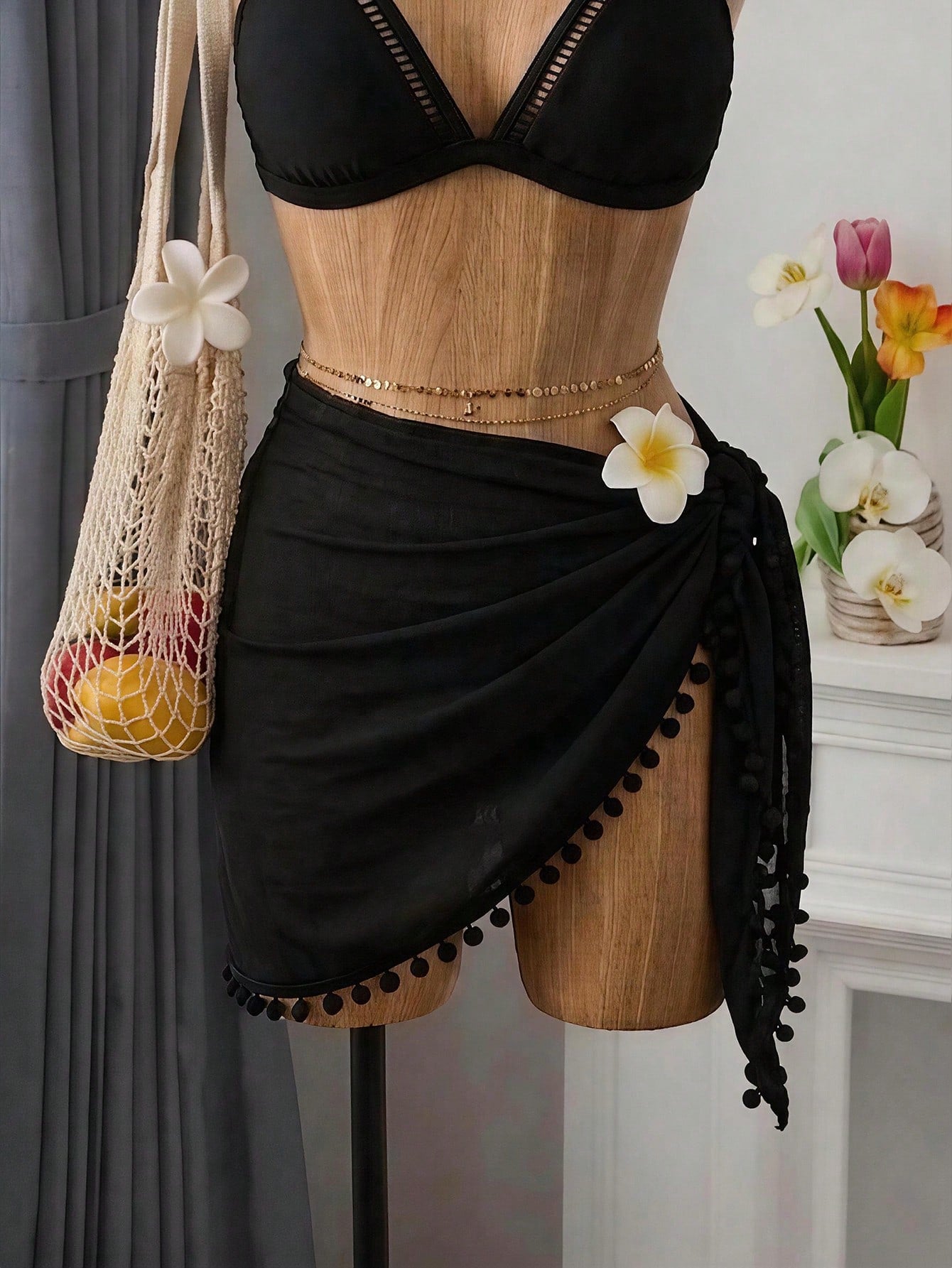 Swim Vcay Plus Size Swimsuit Cover Up: Bohemian Style Tassel Pompom Mini Dress For Beach Vacation, Summer