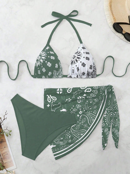 Swim Vcay Plus Size Women 3pcs Halter Backless Printed Bikini Set With Mesh Short Apron, Vacation Swimwear Beach Vacation Summer Boho