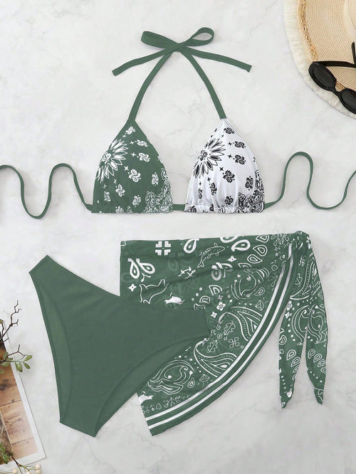 Swim Vcay Plus Size Women 3pcs Halter Backless Printed Bikini Set With Mesh Short Apron, Vacation Swimwear Beach Vacation Summer Boho