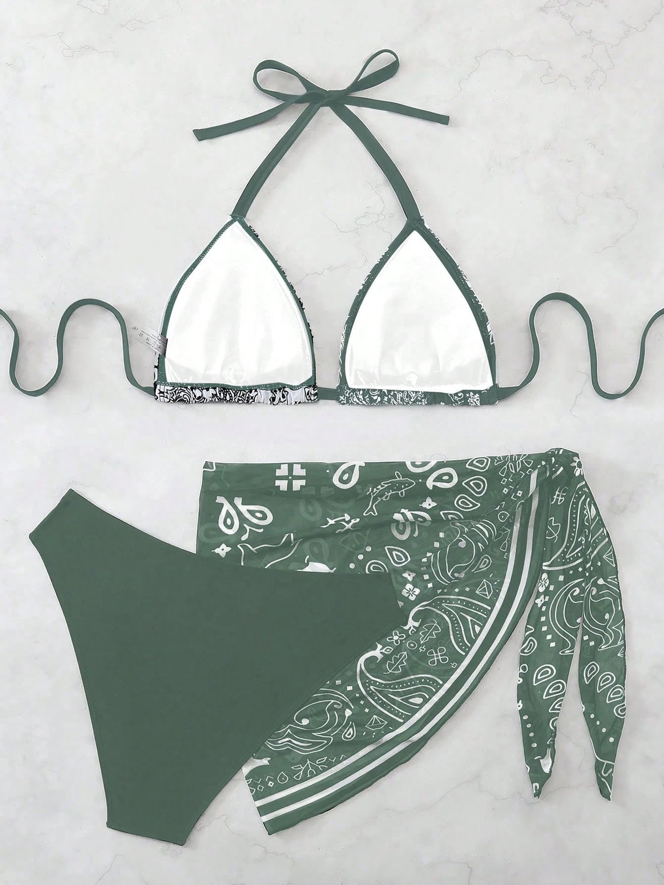 Swim Vcay Plus Size Women 3pcs Halter Backless Printed Bikini Set With Mesh Short Apron, Vacation Swimwear Beach Vacation Summer Boho