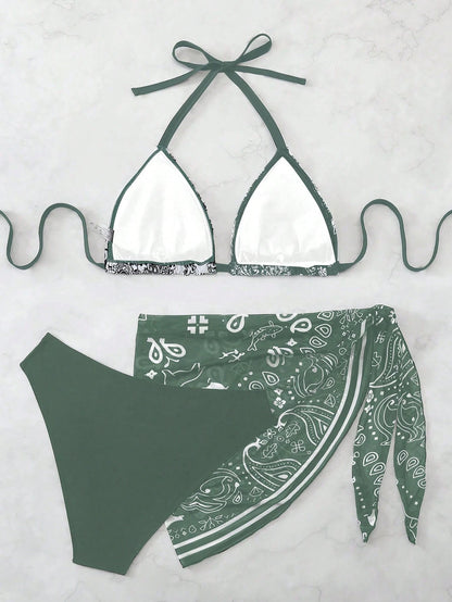 Swim Vcay Plus Size Women 3pcs Halter Backless Printed Bikini Set With Mesh Short Apron, Vacation Swimwear Beach Vacation Summer Boho