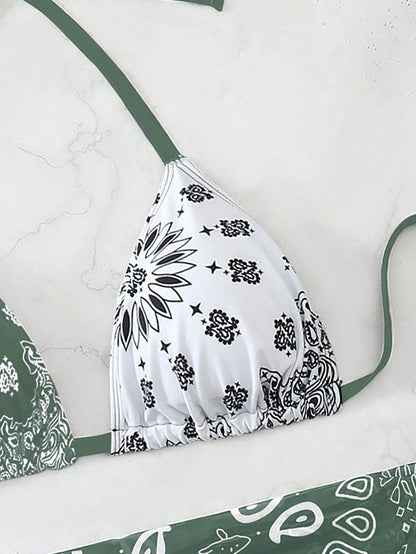 Swim Vcay Plus Size Women 3pcs Halter Backless Printed Bikini Set With Mesh Short Apron, Vacation Swimwear Beach Vacation Summer Boho
