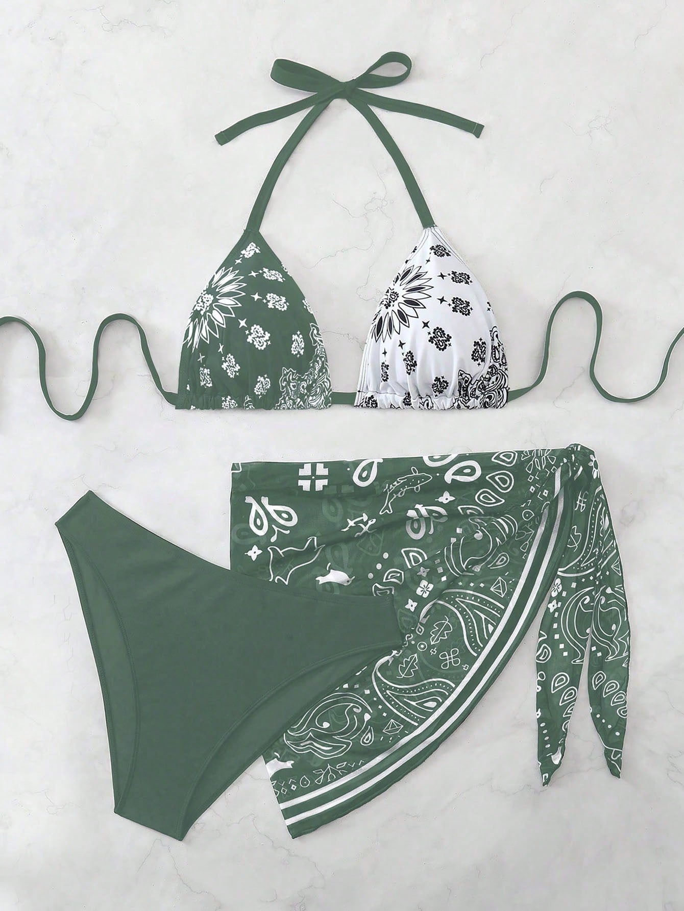 Swim Vcay Plus Size Women 3pcs Halter Backless Printed Bikini Set With Mesh Short Apron, Vacation Swimwear Beach Vacation Summer Boho