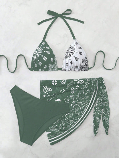Swim Vcay Plus Size Women 3pcs Halter Backless Printed Bikini Set With Mesh Short Apron, Vacation Swimwear Beach Vacation Summer Boho