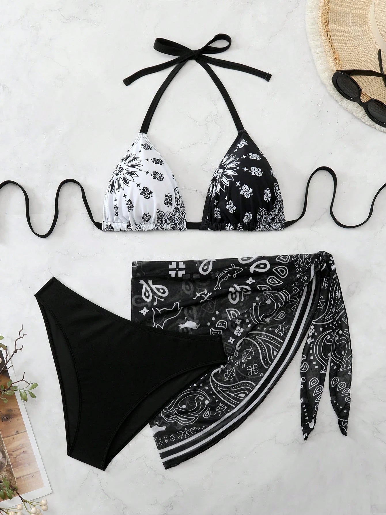 Swim Vcay Plus Size Women 3pcs Halter Backless Printed Bikini Set With Mesh Short Apron, Vacation Swimwear Beach Vacation Summer Boho