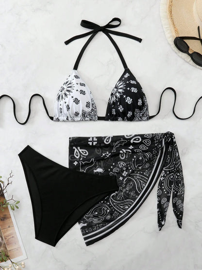 Swim Vcay Plus Size Women 3pcs Halter Backless Printed Bikini Set With Mesh Short Apron, Vacation Swimwear Beach Vacation Summer Boho