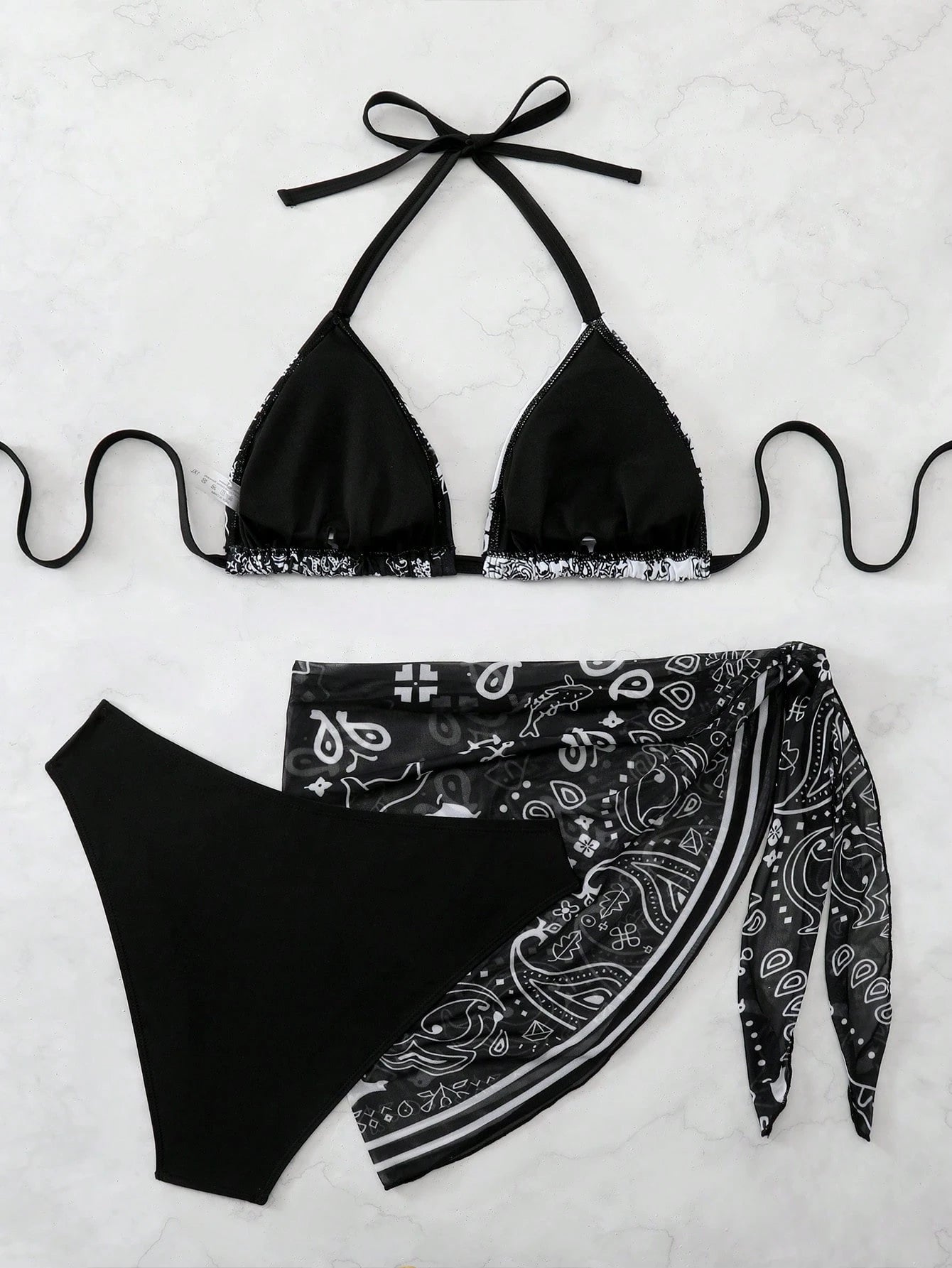 Swim Vcay Plus Size Women 3pcs Halter Backless Printed Bikini Set With Mesh Short Apron, Vacation Swimwear Beach Vacation Summer Boho