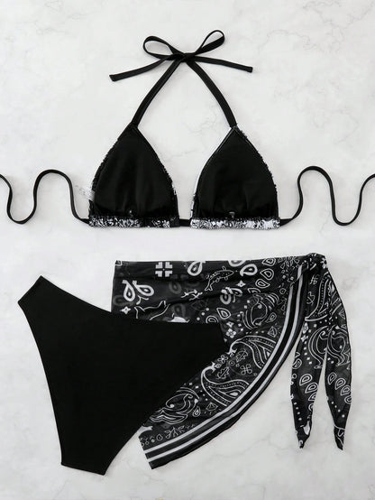 Swim Vcay Plus Size Women 3pcs Halter Backless Printed Bikini Set With Mesh Short Apron, Vacation Swimwear Beach Vacation Summer Boho