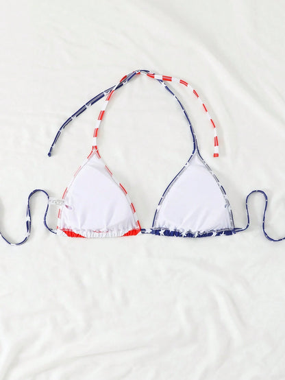 Swim Vcay Plus Size Women 4th Of July USA Flag Print Halter Tie Up Bikini Top, Sexy Fashion For Beach & Pool For Summer Beach Vacation