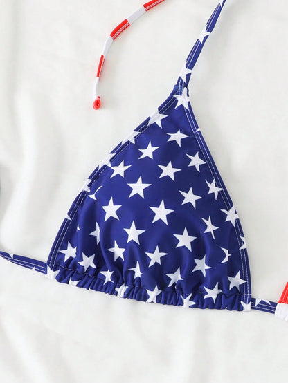 Swim Vcay Plus Size Women 4th Of July USA Flag Print Halter Tie Up Bikini Top, Sexy Fashion For Beach & Pool For Summer Beach Vacation