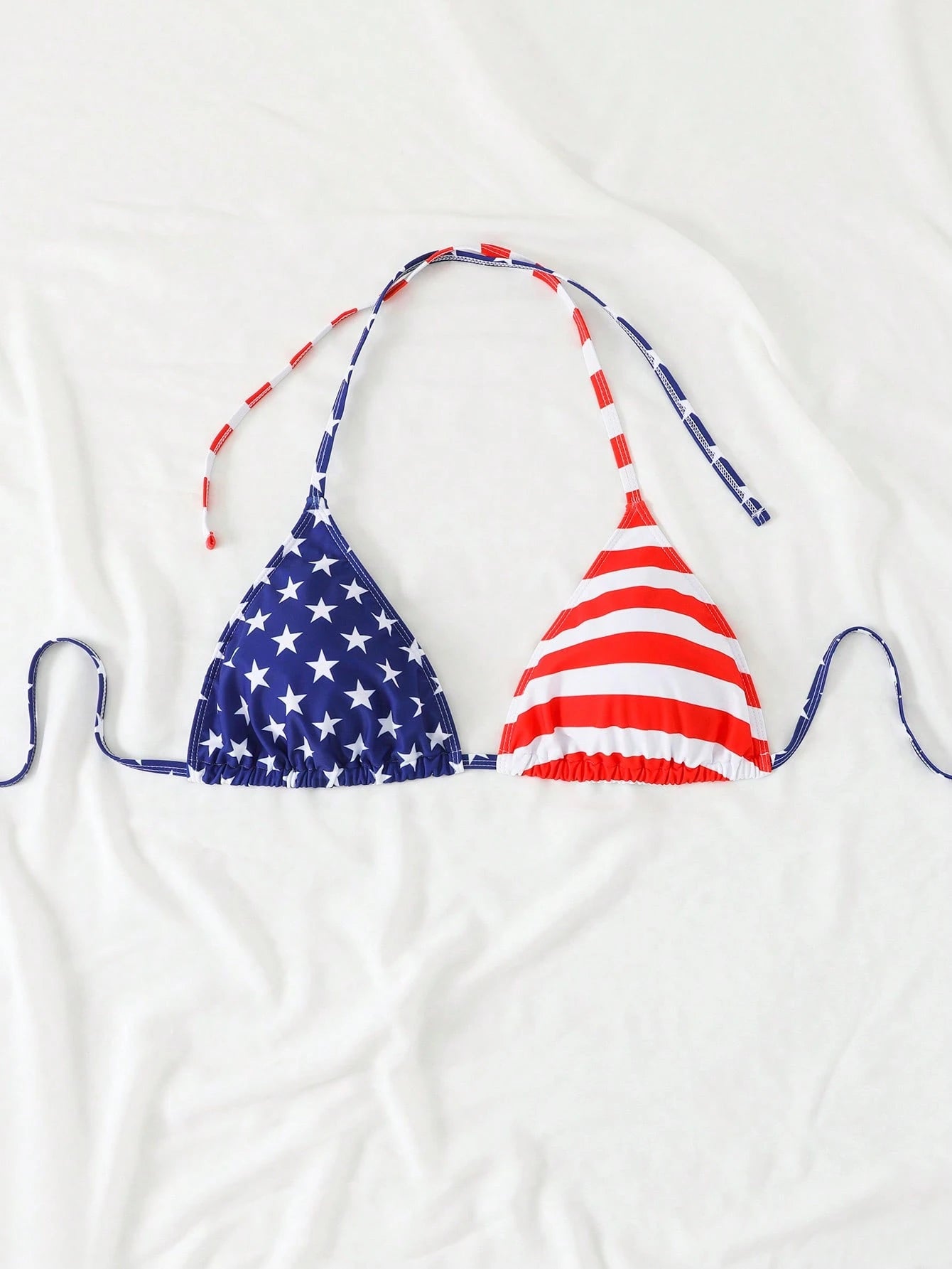 Swim Vcay Plus Size Women 4th Of July USA Flag Print Halter Tie Up Bikini Top, Sexy Fashion For Beach & Pool For Summer Beach Vacation
