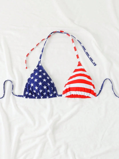 Swim Vcay Plus Size Women 4th Of July USA Flag Print Halter Tie Up Bikini Top, Sexy Fashion For Beach & Pool For Summer Beach Vacation