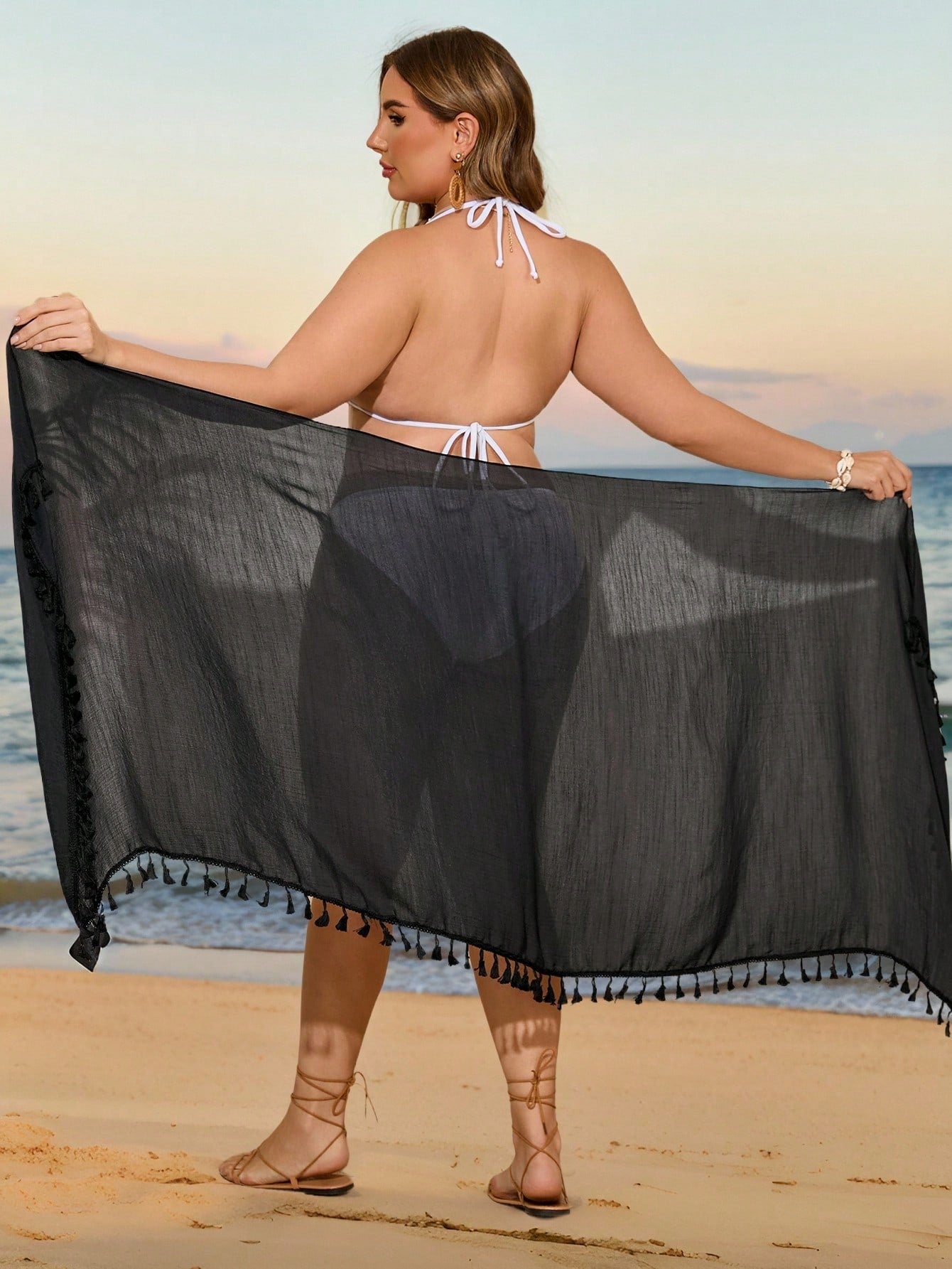 Swim Vcay Plus Size Women Kaftan Skirt Beach Towel With Tassel Floral Trim, Vacation Style