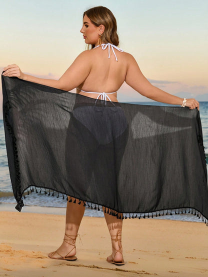Swim Vcay Plus Size Women Kaftan Skirt Beach Towel With Tassel Floral Trim, Vacation Style