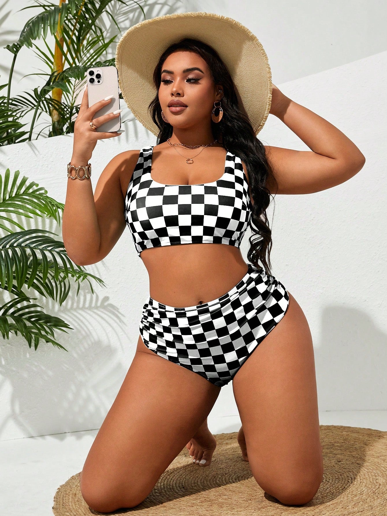 Swim Vcay Plus Size Women's Black & White Plaid Tankini Swimwear Set, Casual & Vacation