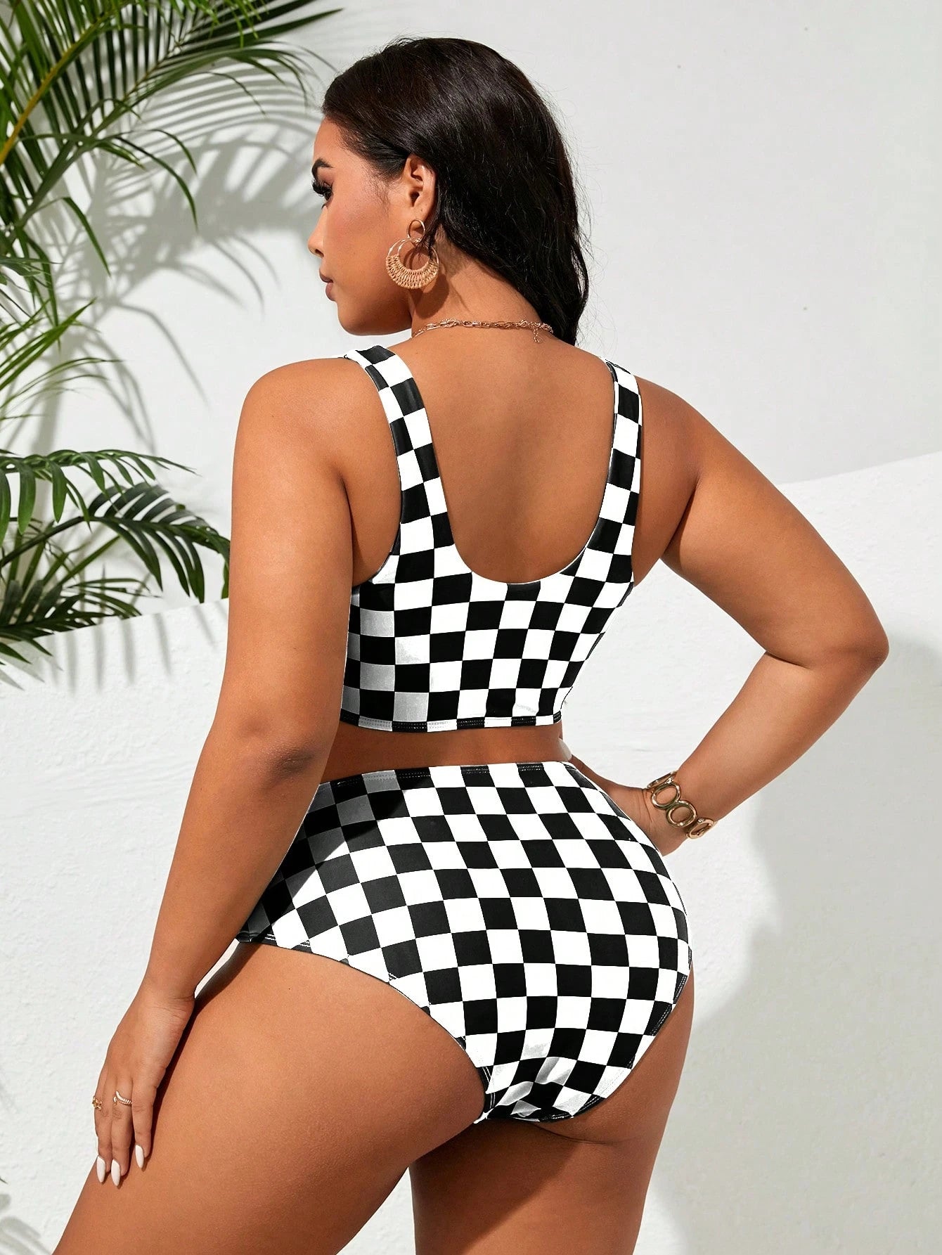 Swim Vcay Plus Size Women's Black & White Plaid Tankini Swimwear Set, Casual & Vacation