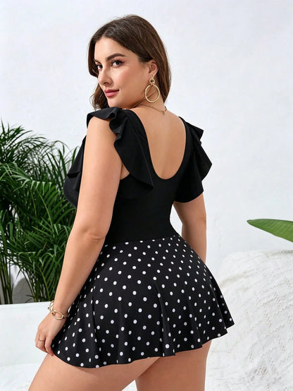 Swim Vcay Plus Size Women's Solid Color Two Pieces Set, Minimalist Elegant Summer Vacation Beach Swimsuit