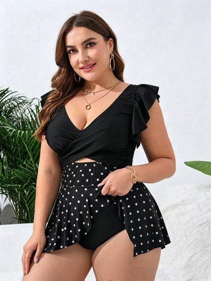 Swim Vcay Plus Size Women's Solid Color Two Pieces Set, Minimalist Elegant Summer Vacation Beach Swimsuit