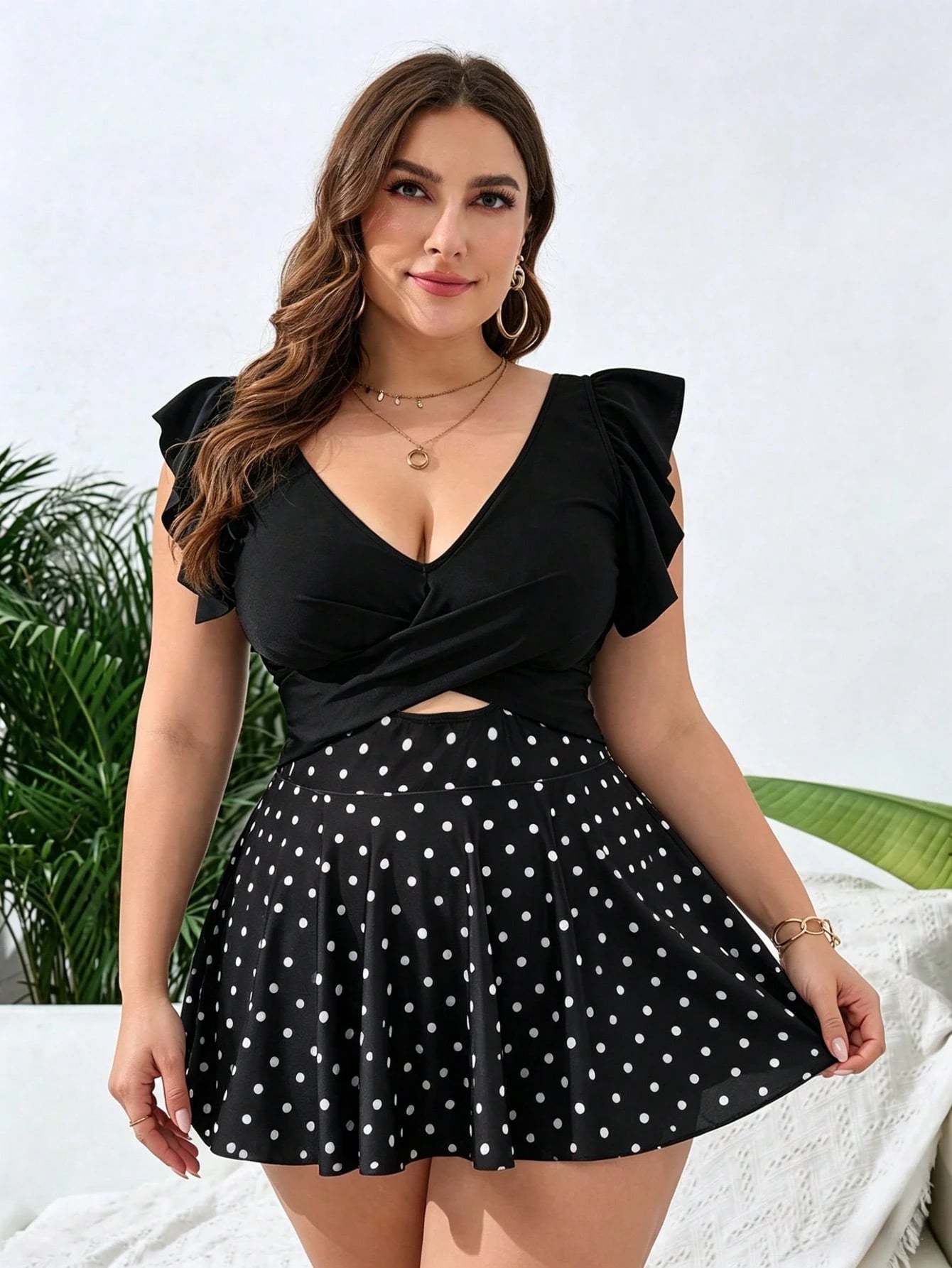Swim Vcay Plus Size Women's Solid Color Two Pieces Set, Minimalist Elegant Summer Vacation Beach Swimsuit